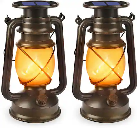 Front. FINEAK - 6.3"L x 4.53"W x 9.25"H 2 Pack Vintage Bronze Solar Lanterns - Waterproof Dancing Flame LED Hanging Lights - Bronze.