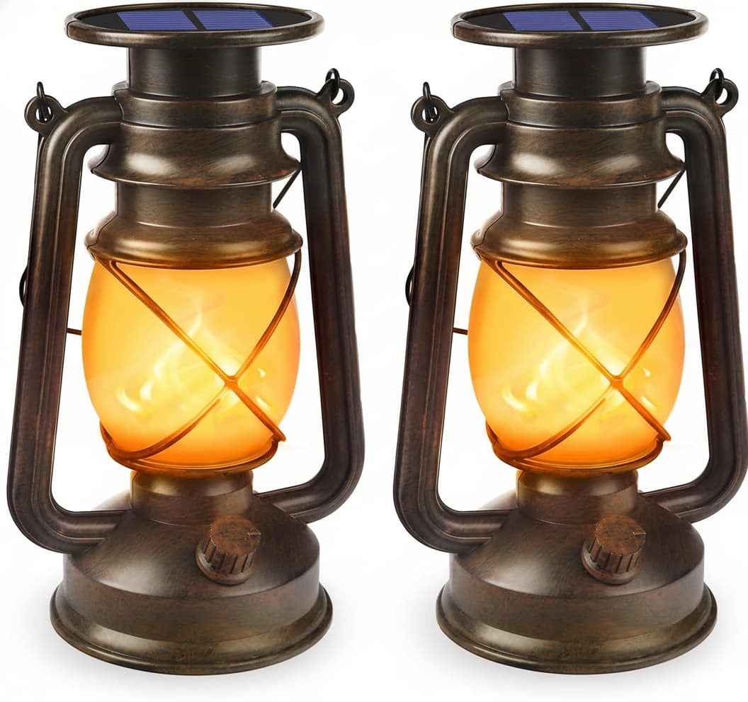 Front. FINEAK - 6.3"L x 4.53"W x 9.25"H 2 Pack Vintage Bronze Solar Lanterns - Waterproof Dancing Flame LED Hanging Lights - Bronze.