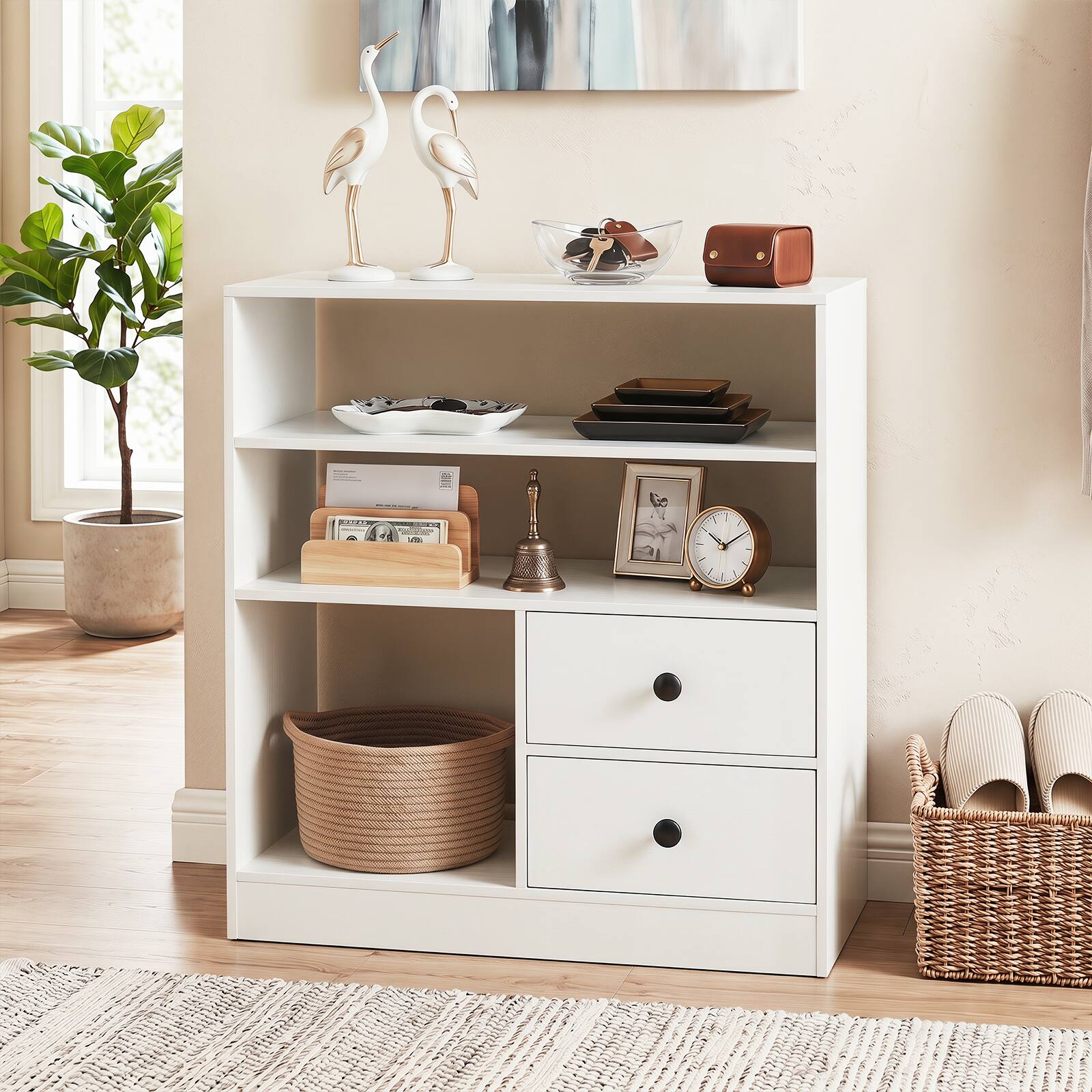 Alt View 4. Costway - Costway Open Storage Cabinet with 3 Open Compartments & 2 Detachable Fabric Drawers - White.