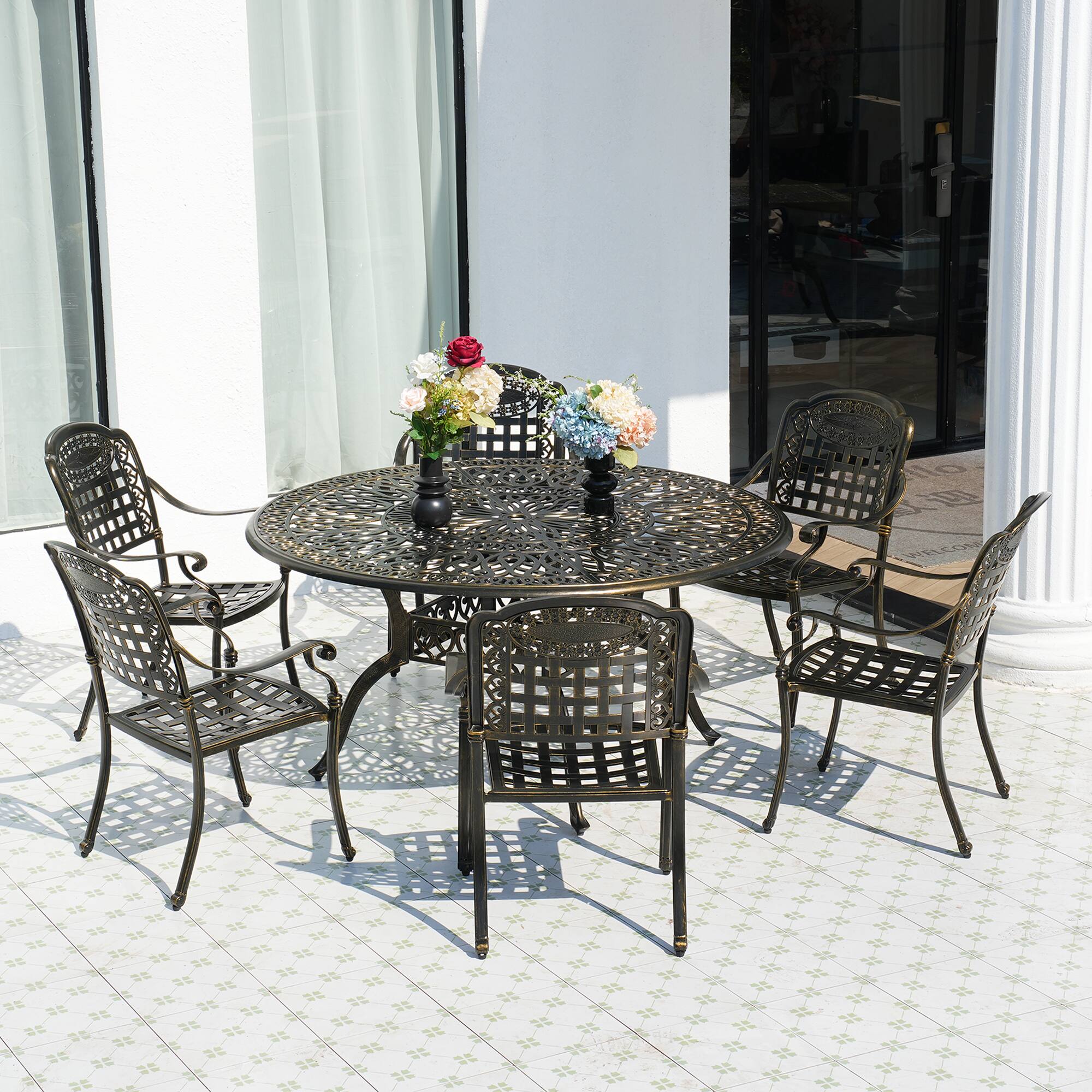 Left. Mondawe - 7-Piece Cast Aluminum Dining Set with Round Table and 6 Chairs - Bronze.