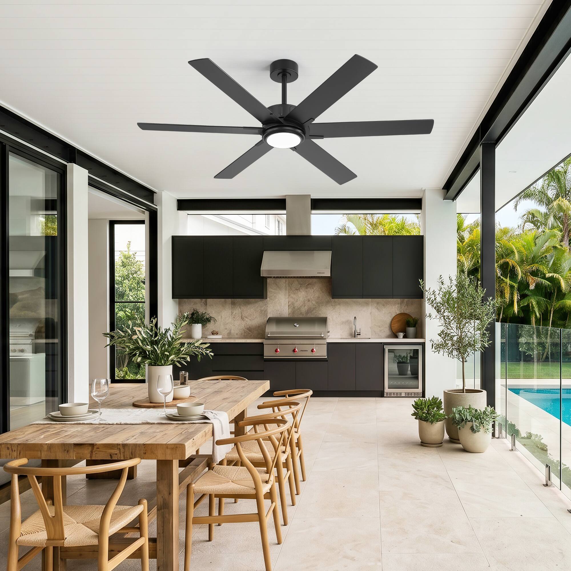 Alt View 6. Breezary - 60-In LED Ceiling Fan with Light, 6 Plywood Blades, 6-Speed DC Motor, Remote, 3CCT, 6"/12" Downrods - 60-inch Black.