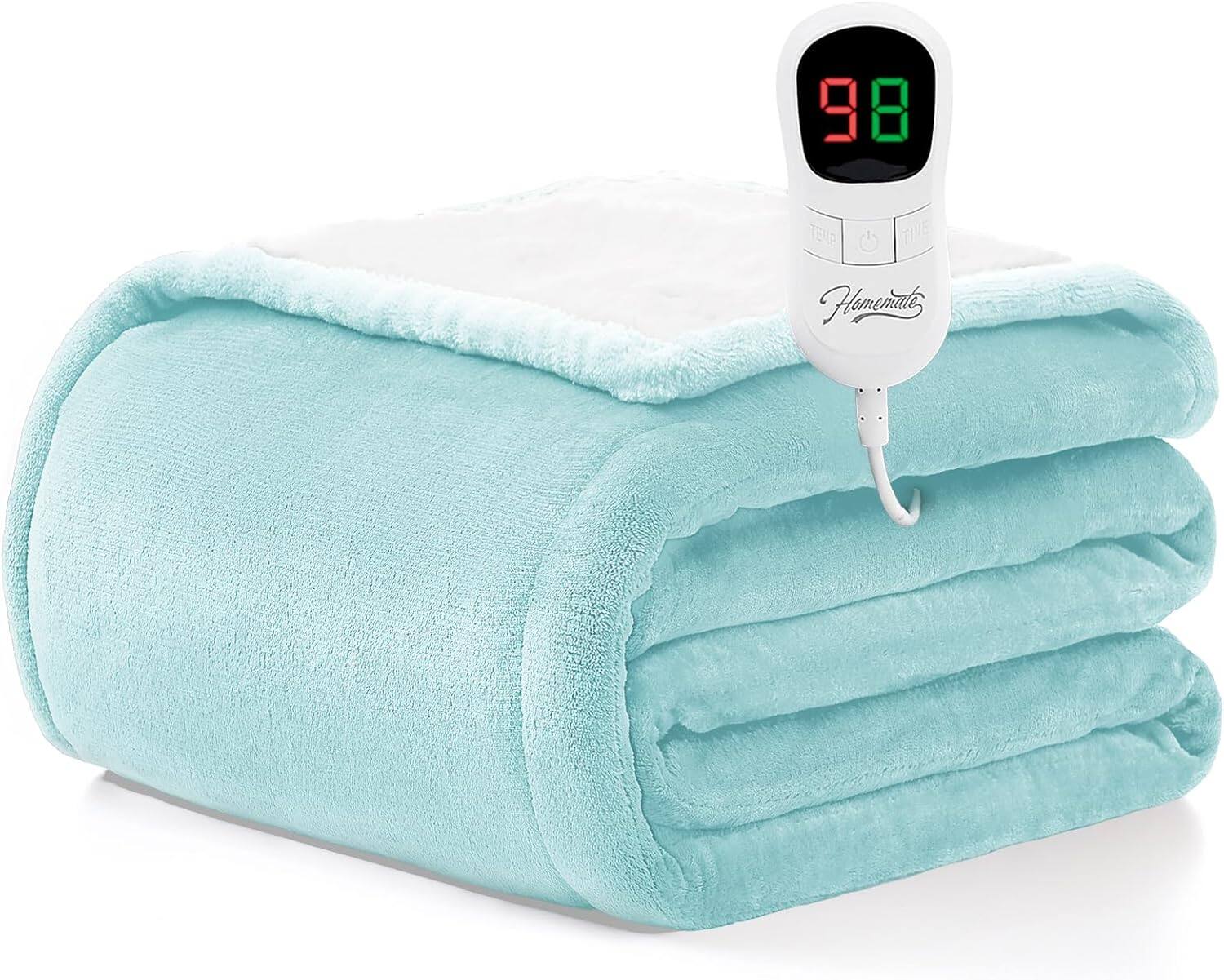 Front. blue - Paaaawaters Homemate Heated Blanket Electric Throw -Heating Blanket Throw 1/2/4/6/8 Hours Auto-Off 10 Heat Level - color:14-Aqua+size:62Inchx84Inch.