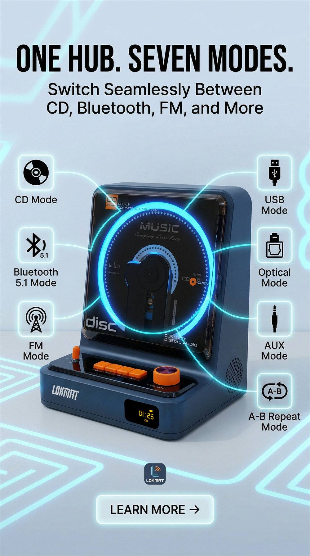 ONE HUB. SEVEN MODES.  
Switch Seamlessly Between CD, Bluetooth, FM, and More  

CD Mode  
USB Mode  
Bluetooth 5.1 Mode  
Optical Mode  
FM Mode  
AUX Mode  
A-B Repeat Mode  

LEARN MORE
