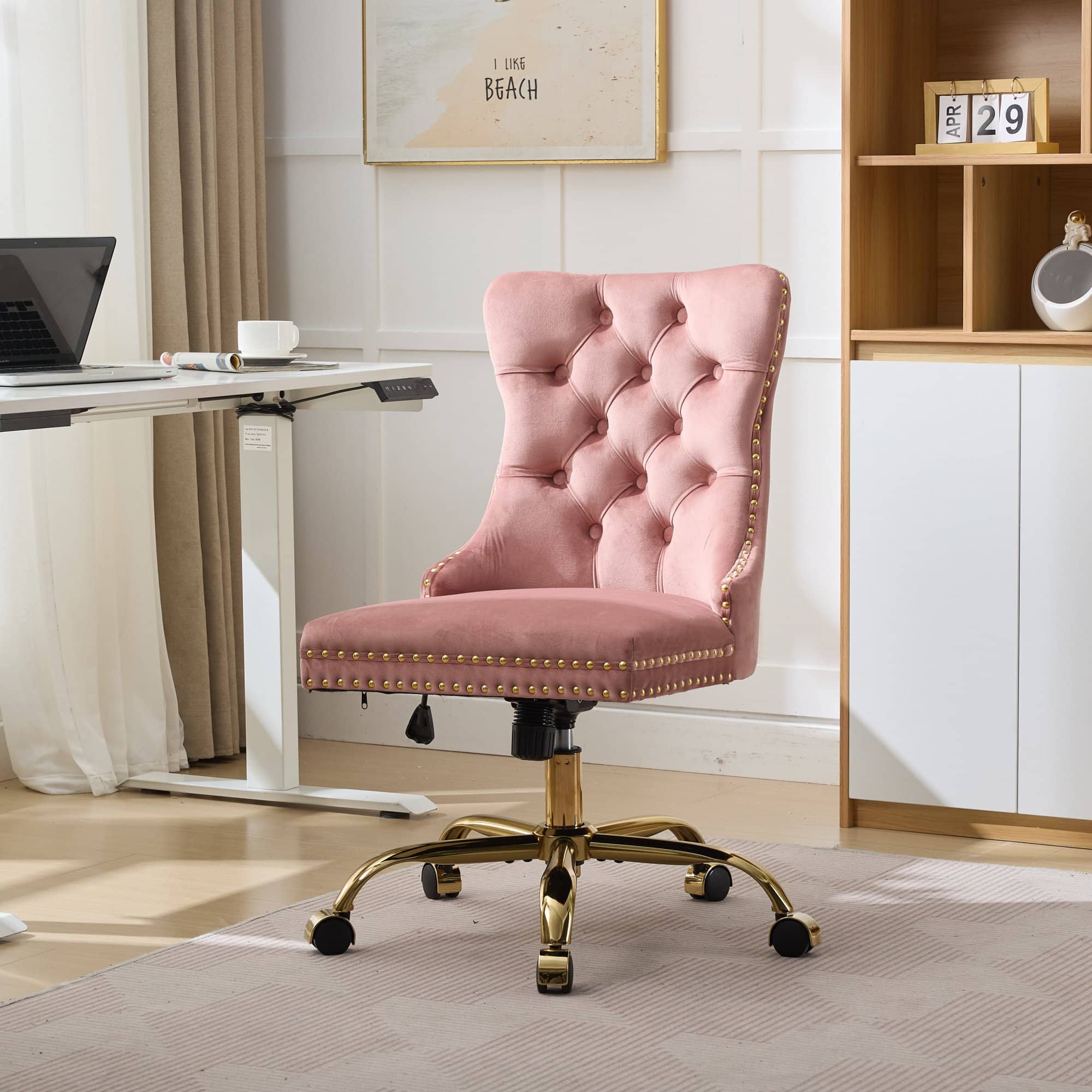 APRILSOUL - Furniture Office Chair Velvet Tufted Golden Base - Pink