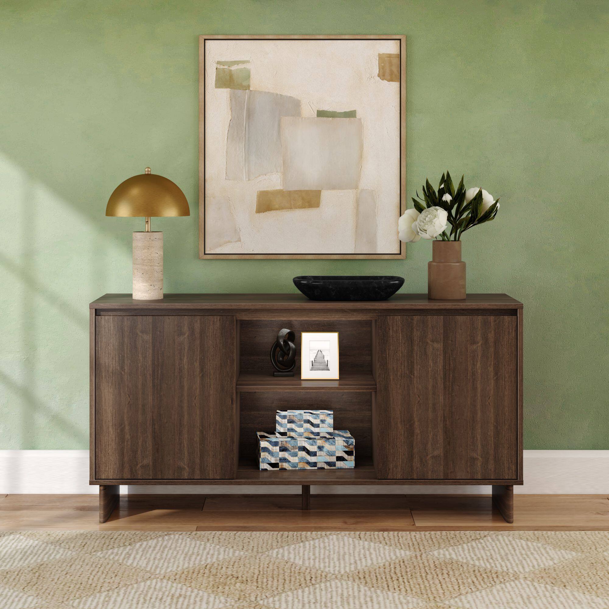Alt View 8. Plank+Beam - Modern TV Stand/Sideboard, 2 Door w/ Middle Shelf  (1499 x 406 x 762mm / 59 x 16 x 30in), Walnut - Walnut.