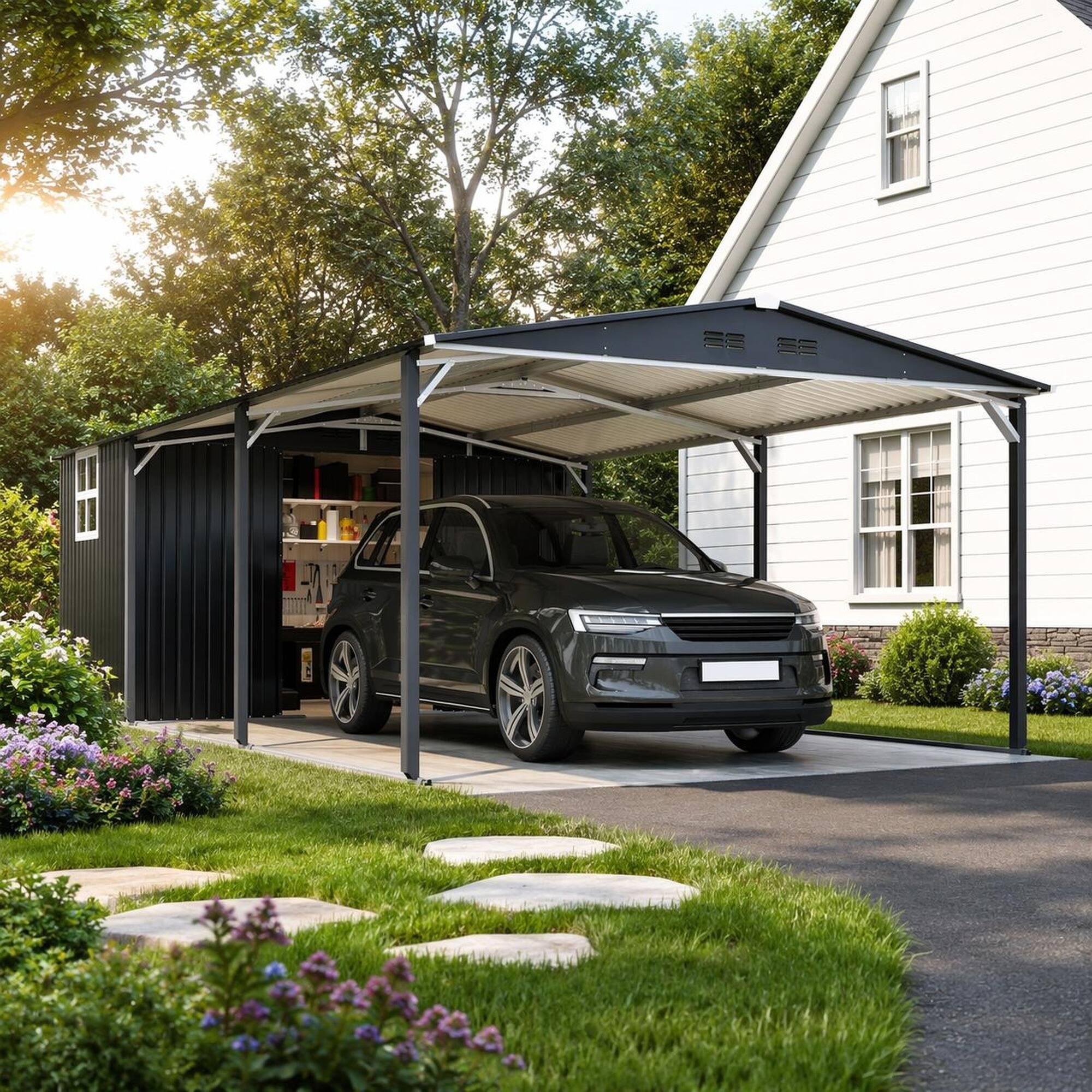 RYHNUYNE 12x23 ft Carport Shed Combo Steel Garage Sliding Door UV ...