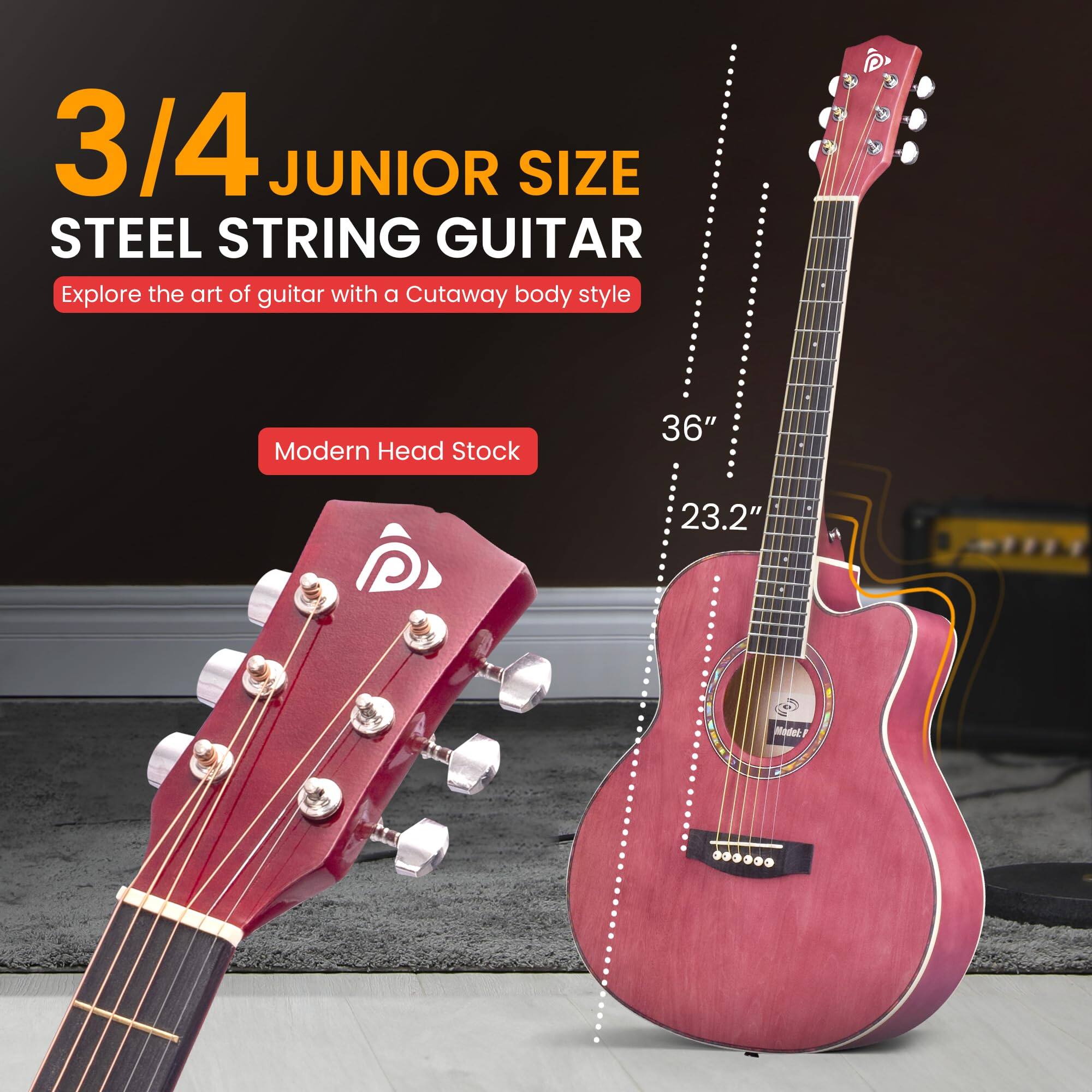 3/4 Junior Size Steel String Guitar  
Explore the art of guitar with a Cutaway body style  
Modern Head Stock  
36"  
23.2"