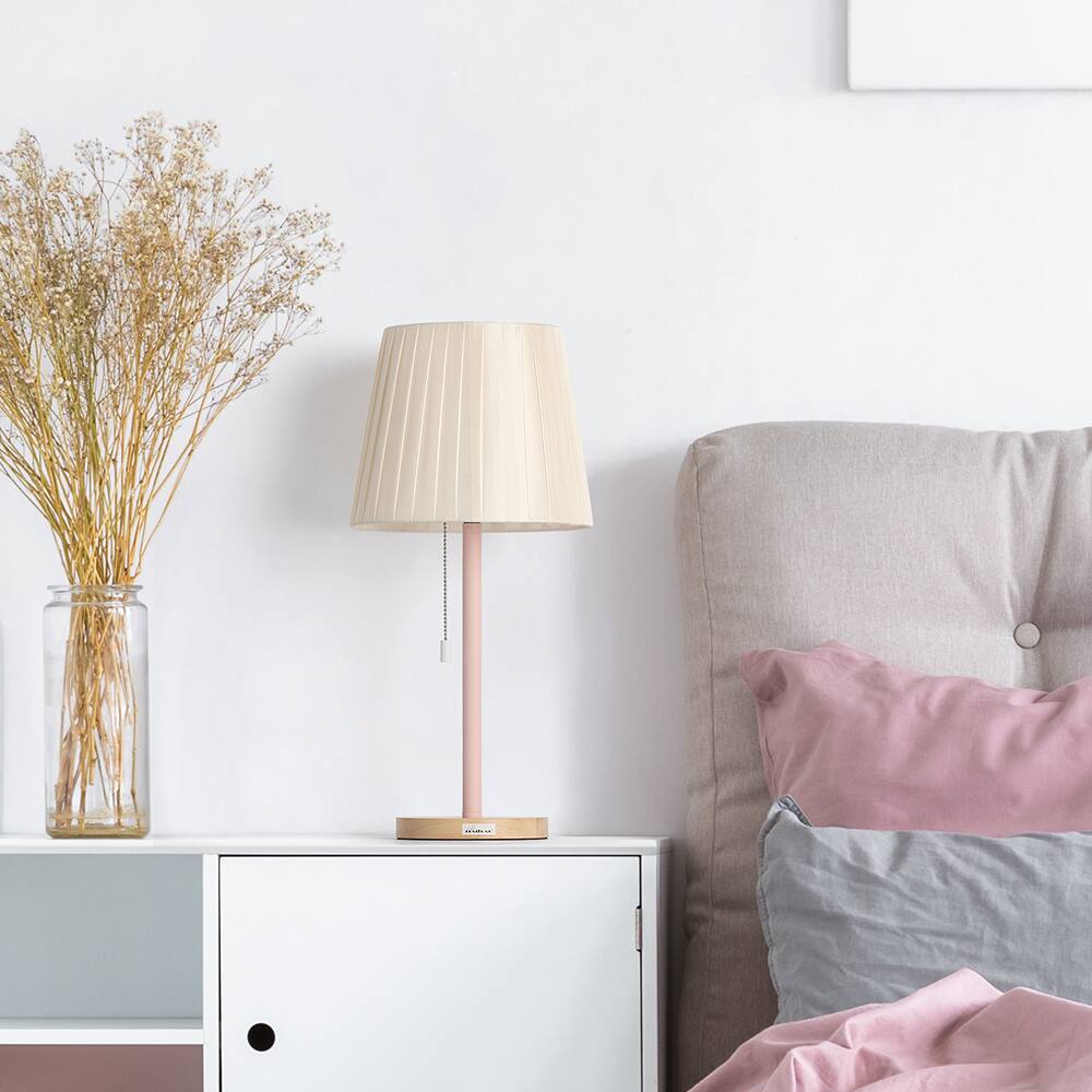 Alt View 2. Oumilen - Metal Pole Table Lamp with Natural Wood Base & Pleated Fabric Shade, Pink.