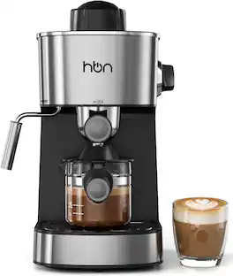 HBN - Espresso Machine, 3.5Bar, 2–4 Cups, Stainless Steel, Milk Frother & Steamer, 800W, Compact Home & Office - Black