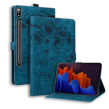 Dteck - For Samsung Galaxy Tab S11 11-inch Embossed Flower Pattern Folio Case Card Slots Kickstand Cover - Blue