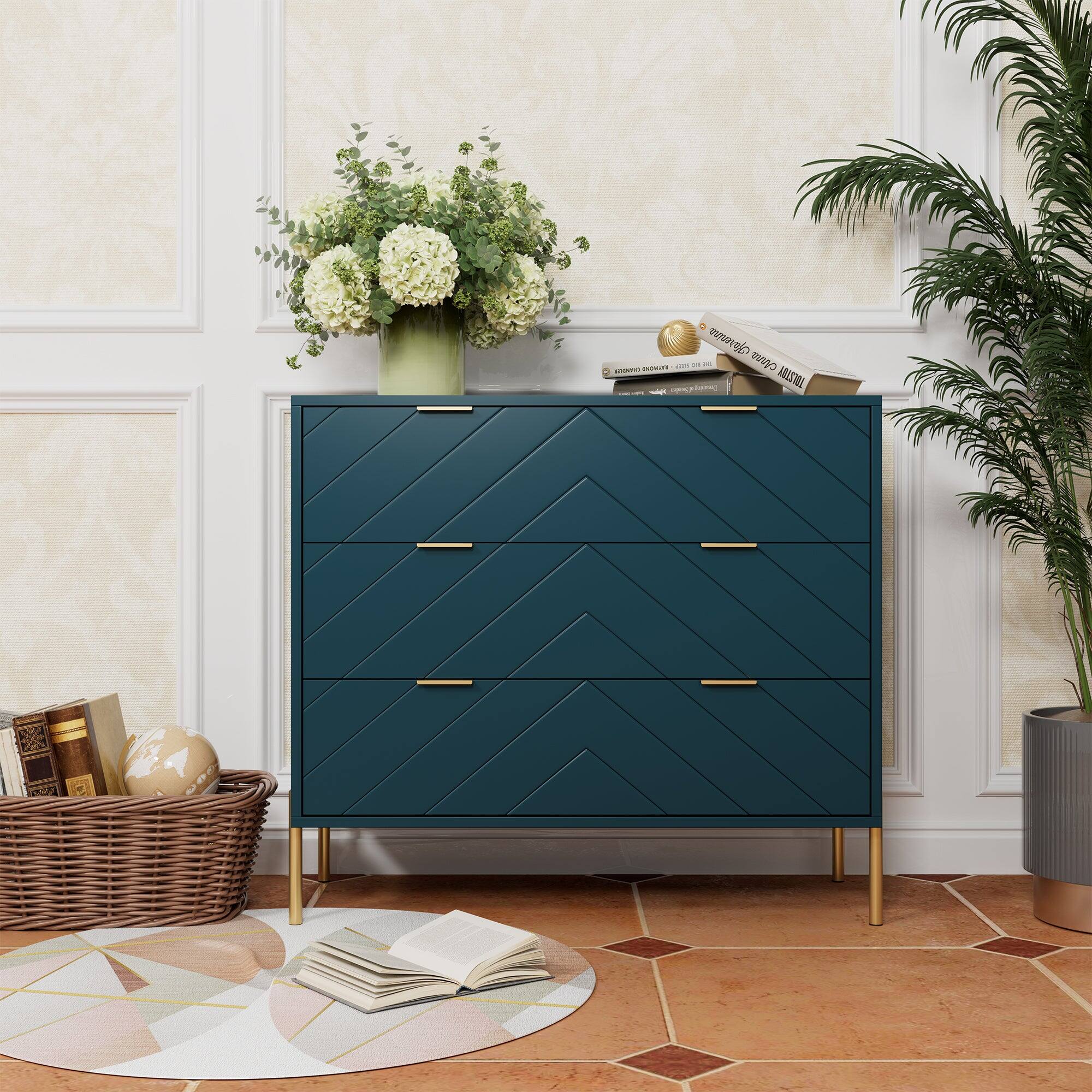 Alt View 4. Boyel Living - Modern 3 Drawer Dresser Chest with Gold Metal Legs - Green.