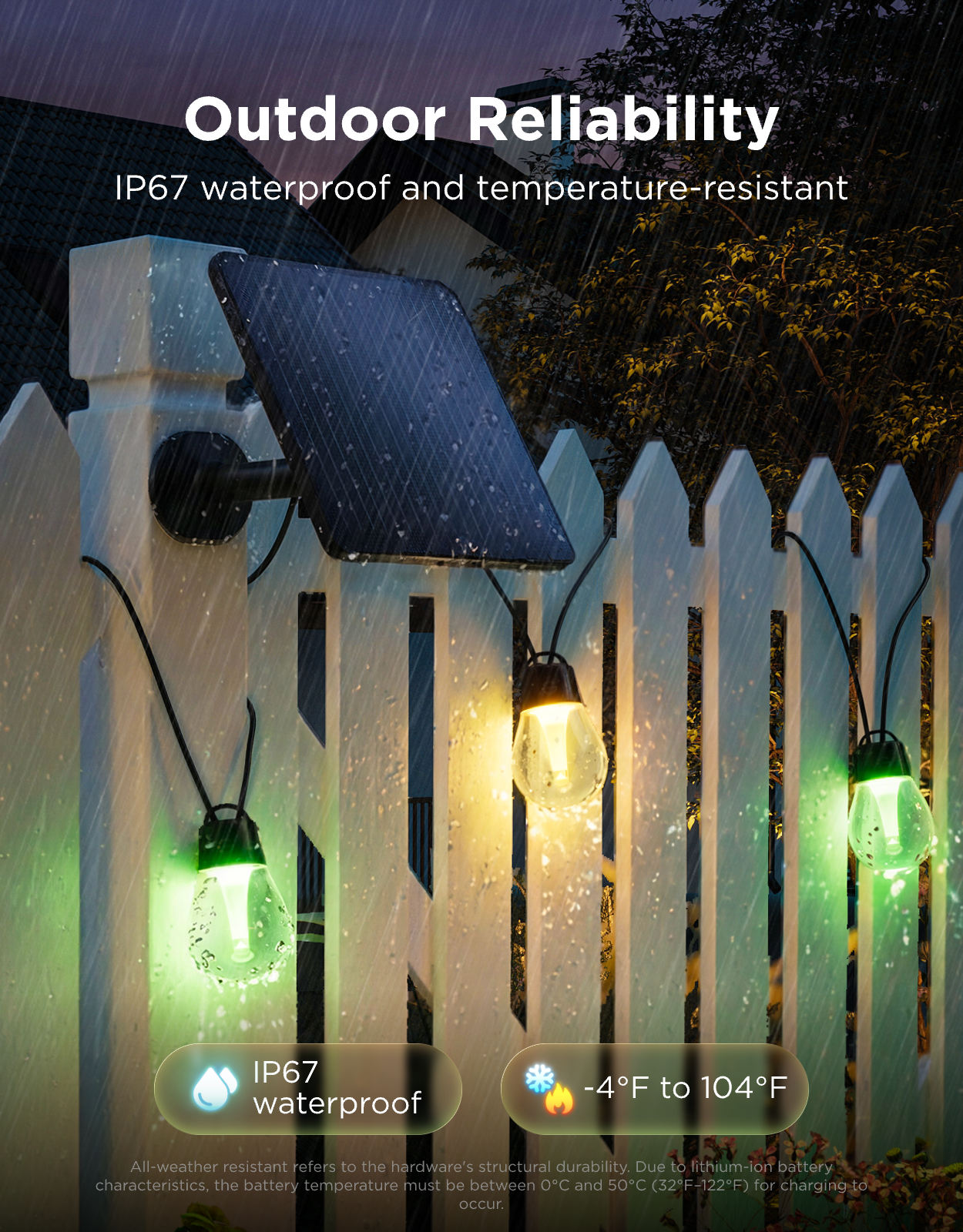 Outdoor Reliability

IP67 waterproof and temperature-resistant

IP67 waterproof

-4°F to 104°F

All-weather resistant refers to the hardware's structural durability. Due to lithium-ion battery characteristics, the battery temperature must be between 0°C and 50°C (32°F-122°F) for charging to occur.