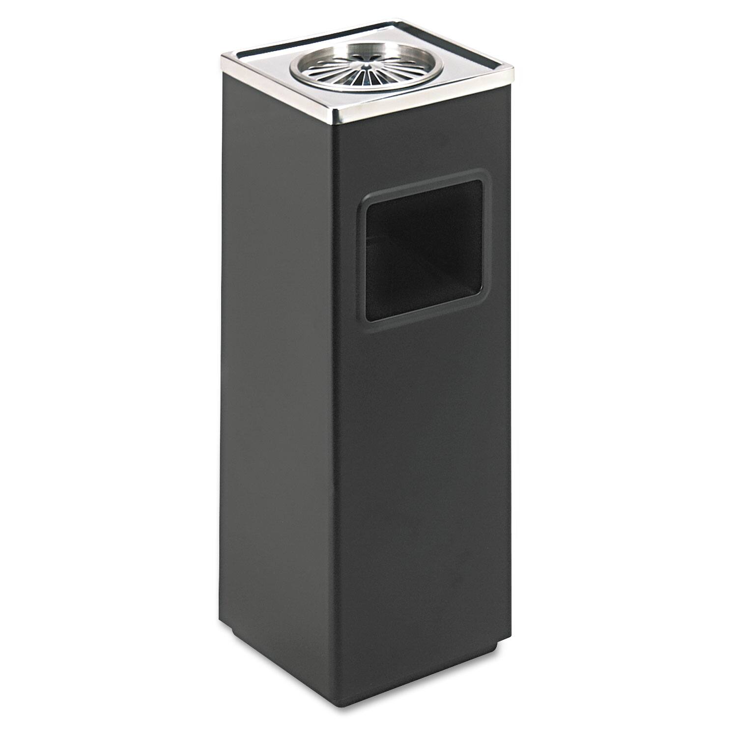 Angle. Safco - Square Ash 'N' Trash Sandless Urn, 3 gal, Stainless Steel, Black.