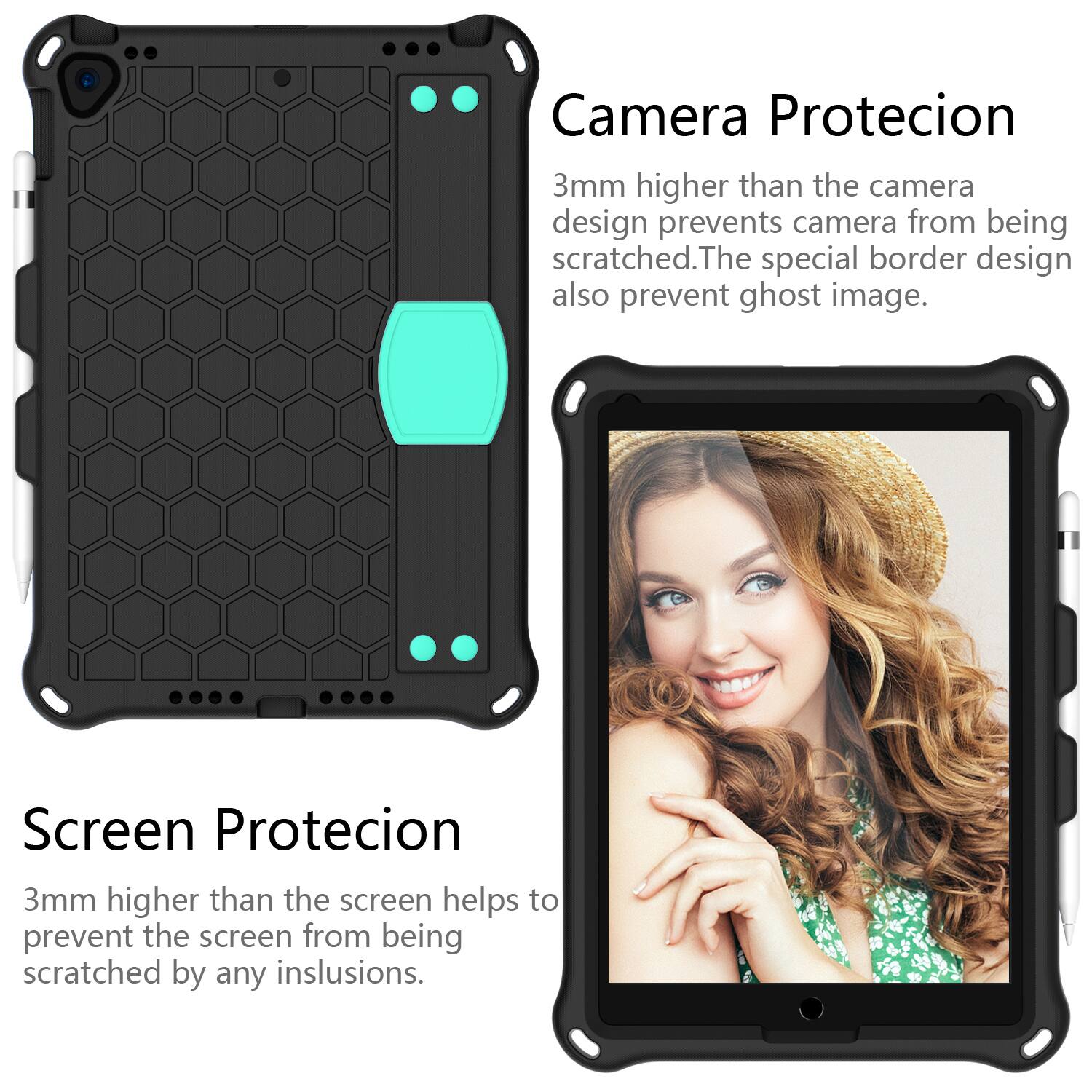 Camera Protection  
3mm higher than the camera design prevents the camera from being scratched. The special border design also prevents ghost images.  

Screen Protection  
3mm higher than the screen helps to prevent the screen from being scratched by any inclusions.