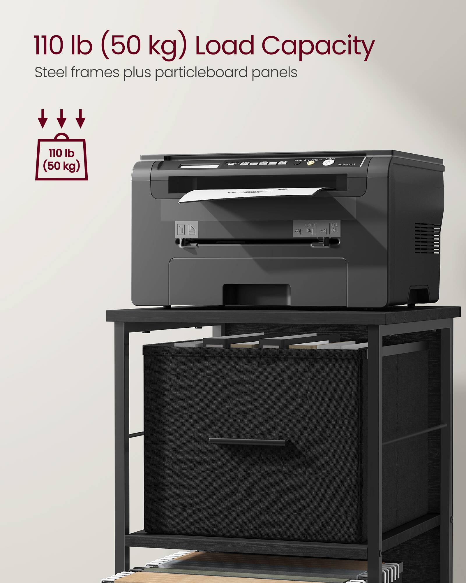 110 lb (50 kg) Load Capacity  
Steel frames plus particleboard panels