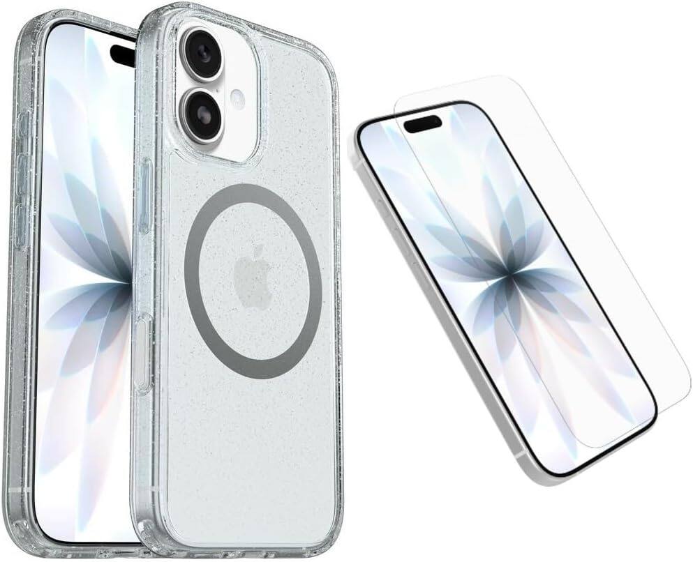 Front. OtterBox - OtterBox iPhone 17 (Only) Bundle: Symmetry Clear Series+ Case & Screen Protector - Snaps to MagSafe - Ultra-Sleek - Stardust (Clear/Glitter).