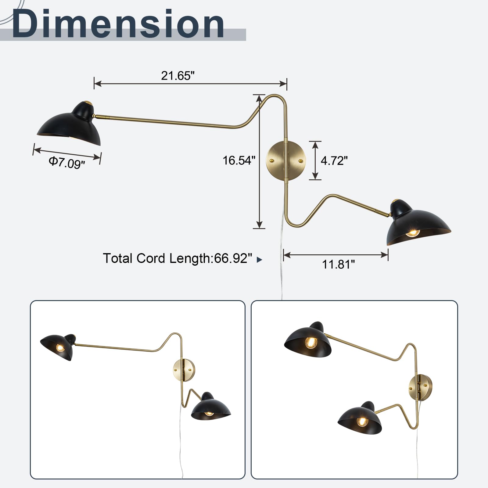 Dimension  
- 21.65"  
- 7.09"  
- 16.54"  
- 4.72"  
- 11.81"  
Total Cord Length: 66.92"