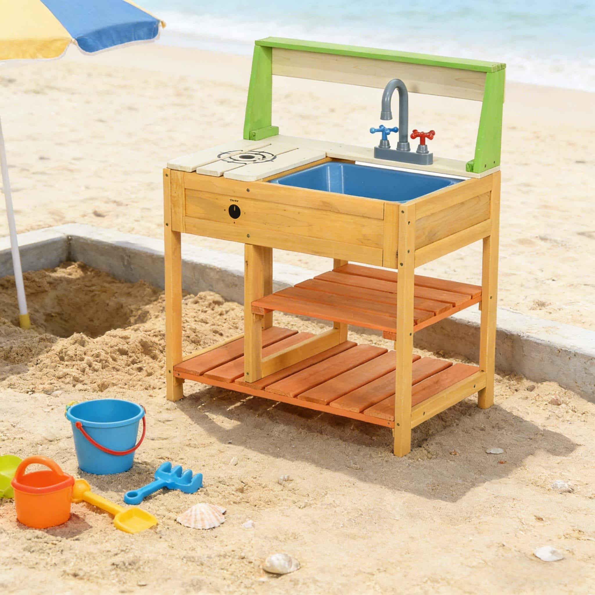 Front. Siljoy - Fir Wood Mud Kitchen, Detachable Sink, Spacious Storage, for Outdoor Play, Ages 3‑8, Skill Development - Multicolor.