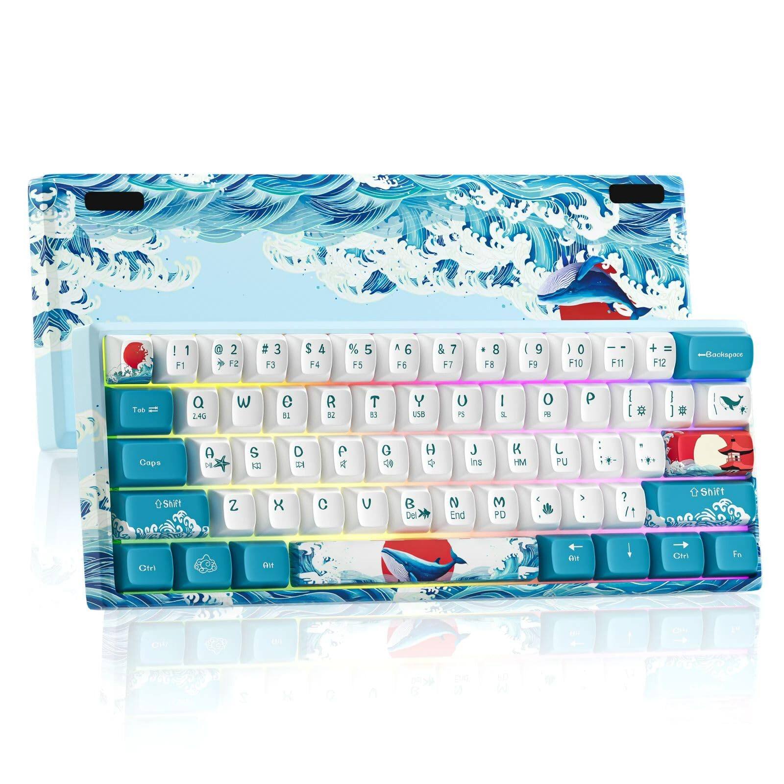 Earthley Blooms - 60 Mechanical Gaming Tri-mode Bt5.02.4ghzusb-c Wirelesswired 19 Rgb Backlit Compact Mini Gamer - Whale Waves