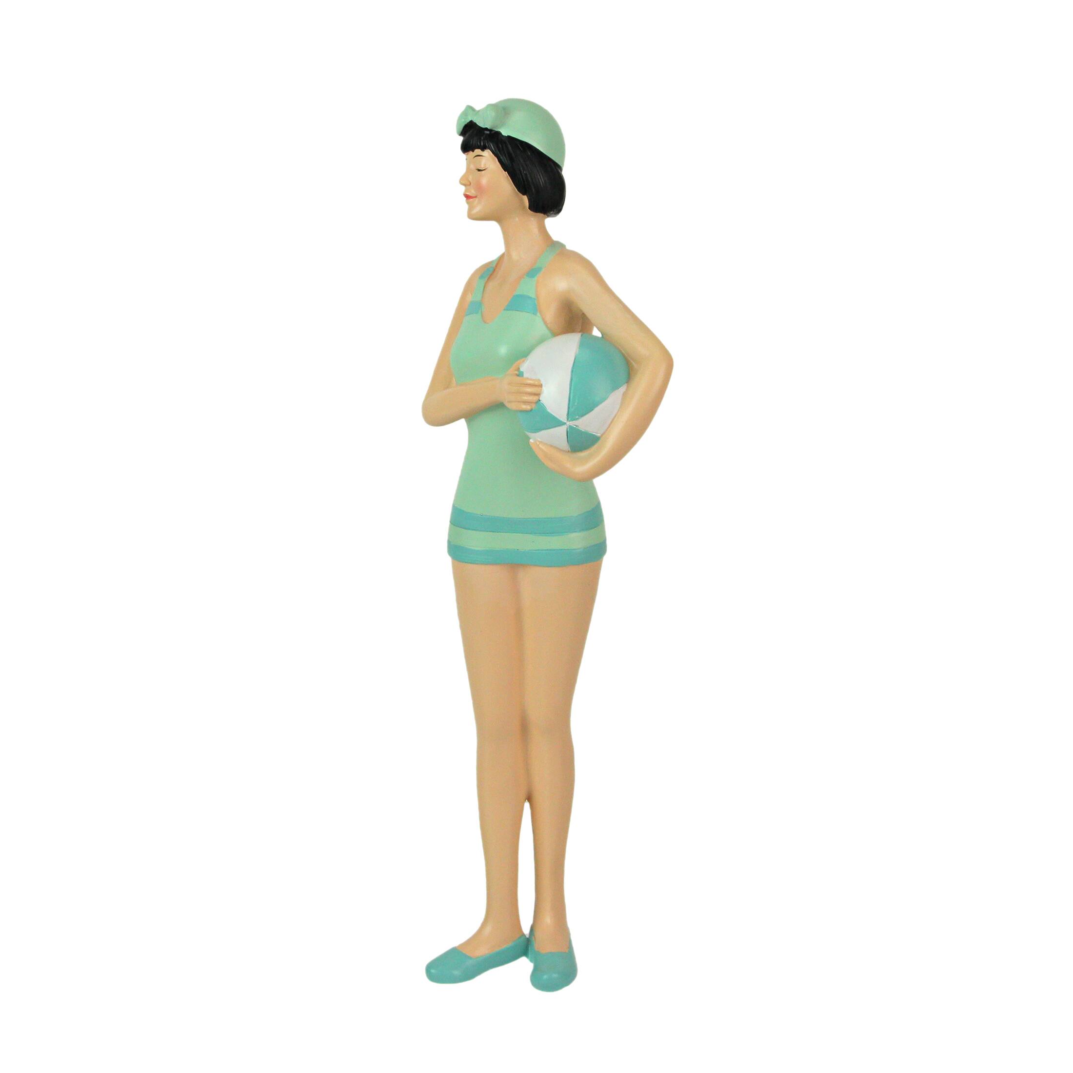 Alt View 1. Fancy That - Brunette Bathing Beauty Figurine – Hand-Painted Striped Swimsuit, Coastal Charm - Multicolored.