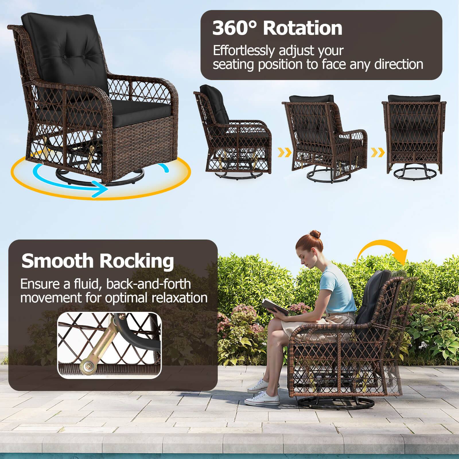 360 Rotation: Effortlessly adjust your seating position to face any direction.

Smooth Rocking: Ensure a fluid, back-and-forth movement for optimal relaxation.