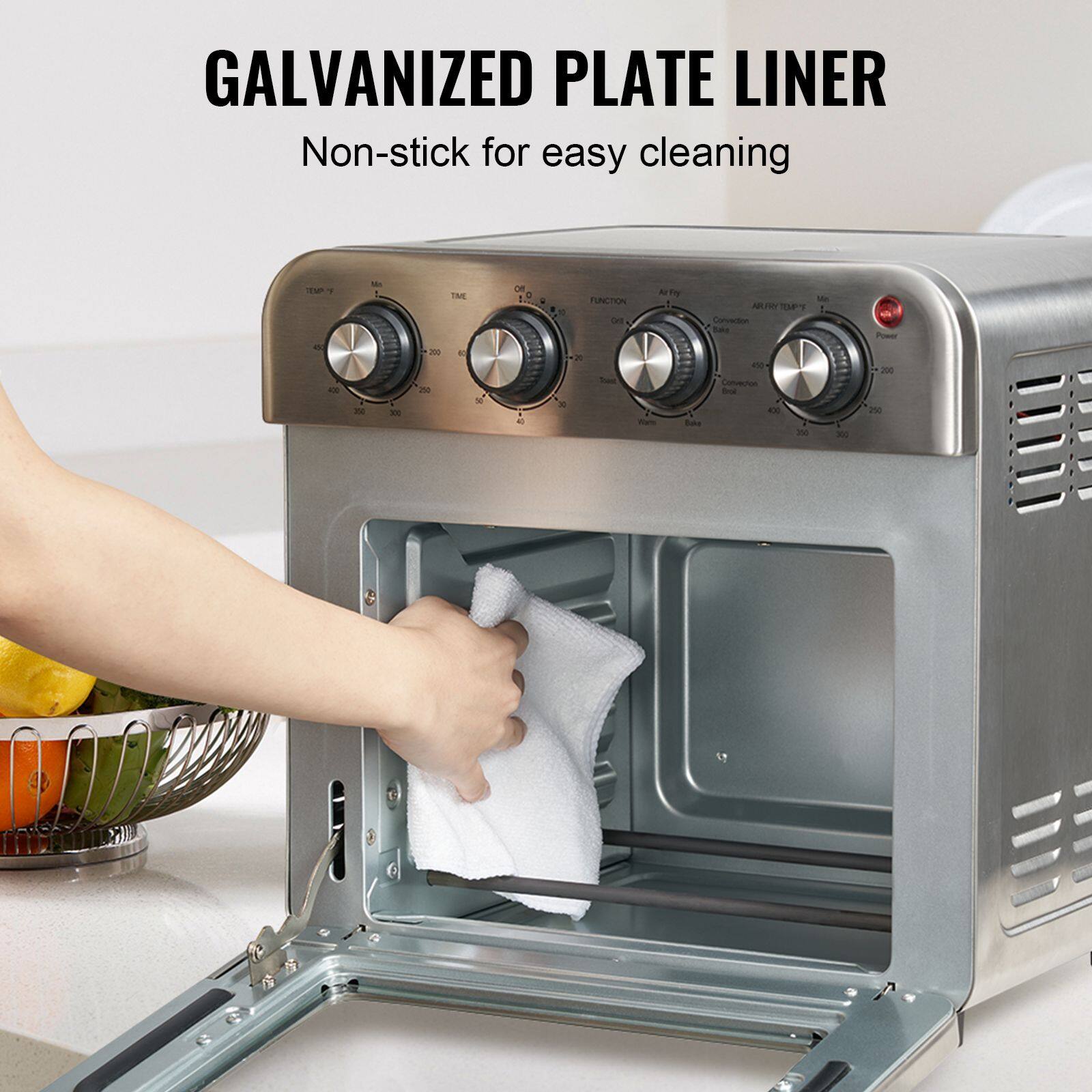 GALVANIZED PLATE LINER  
Non-stick for easy cleaning  

FUNCTION:  
- Air Fry  
- Convection  
- Bake  
- Broil  

TEMP:  
- 400  
- 350  
- 300  

TIME:  
- 0-60  

COLLECTION:  
- 20 m  

CONVECTION:  
- 1  

WATER:  
- 1  

POWER:  
- 2012