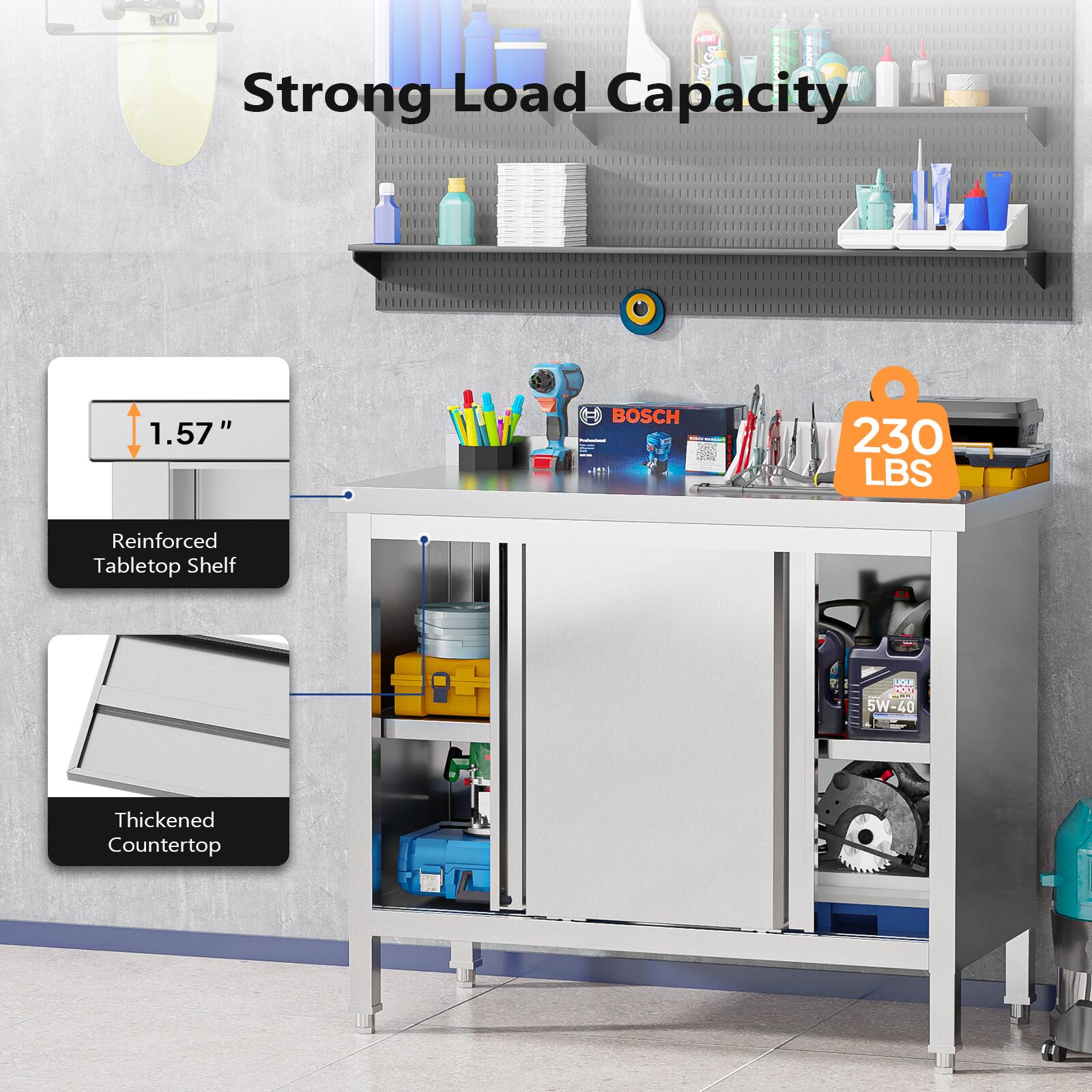 Strong Load Capacity

1.57" Reinforced Tabletop Shelf

230 LBS

Thickened Countertop