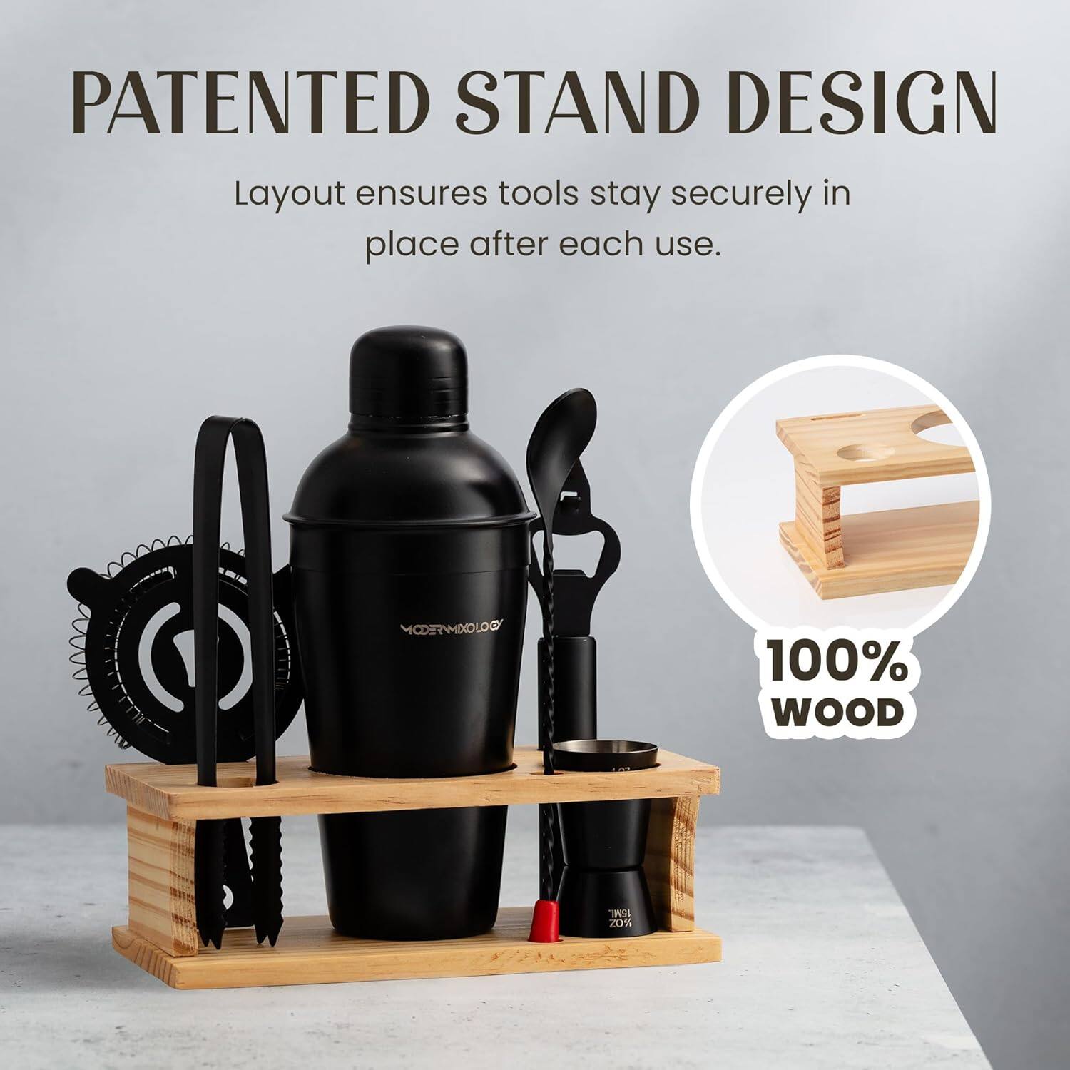 PATENTED STAND DESIGN  
Layout ensures tools stay securely in place after each use.  

100% WOOD