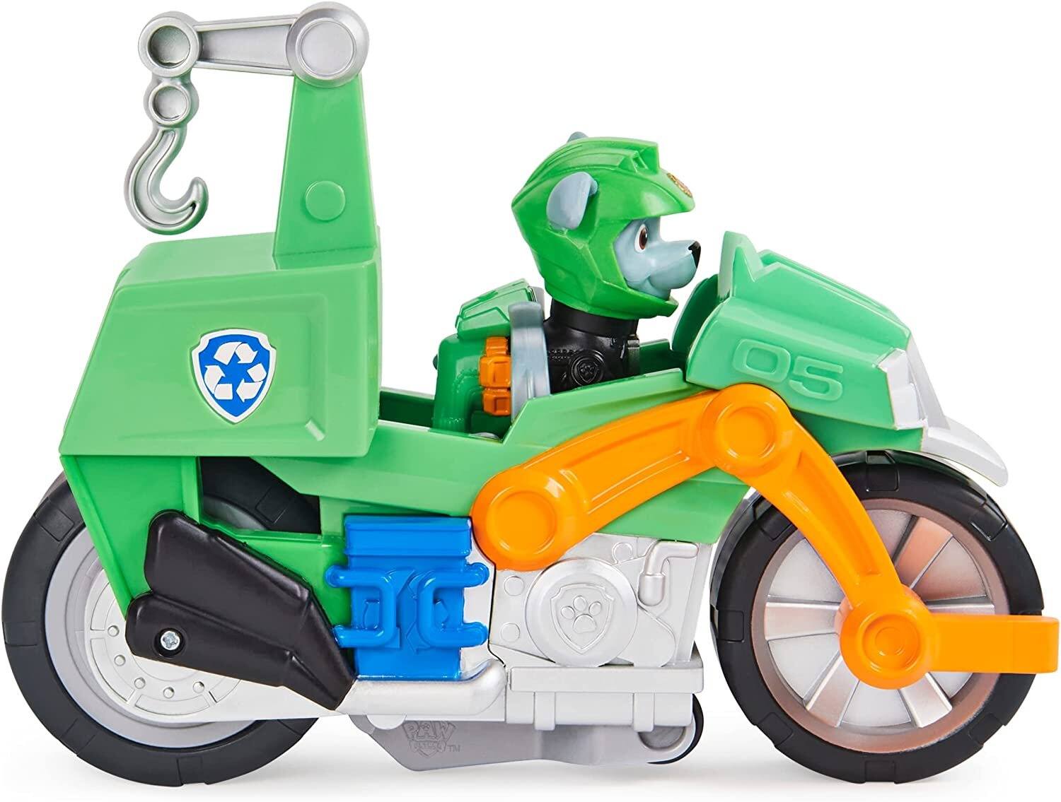 Back. Paw Patrol - Paw Patrol Moto Pups Rocky Deluxe Pull-Back Motorcycle with Wheelie Feature and Figure, Ages 3+ - Multicolor.