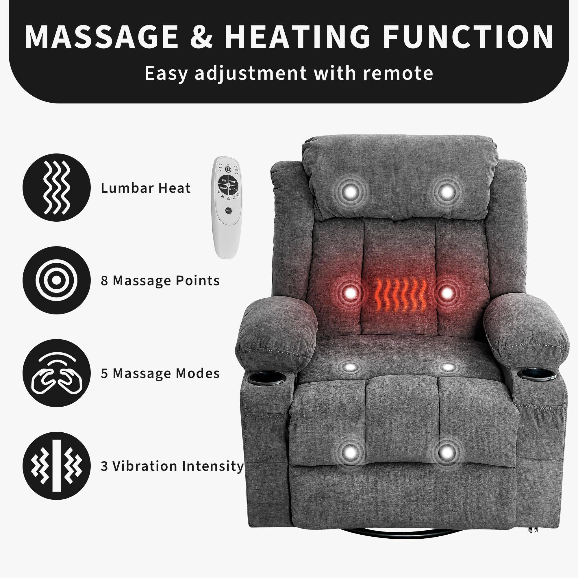 MASSAGE & HEATING FUNCTION  
Easy adjustment with remote  

- Lumbar Heat  
- 8 Massage Points  
- 5 Massage Modes  
- 3 Vibration Intensity