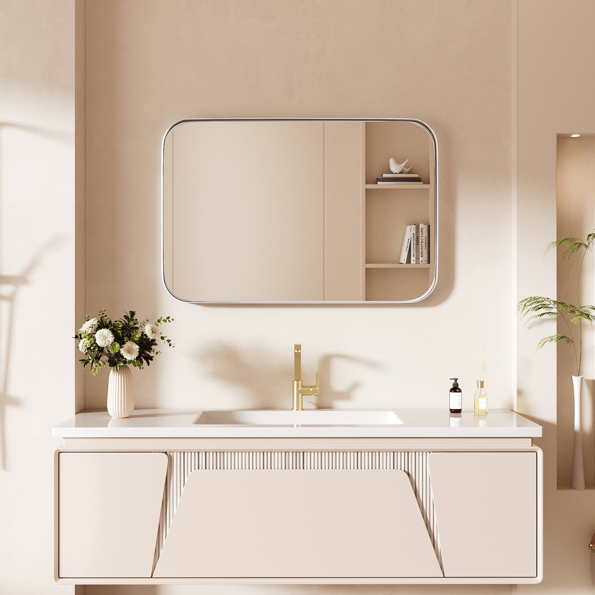 Alt View 13. LOVMOR - Tempered Glass Rounded Rectangle Framed Wall-Mounted Bathroom Vanity Mirror - 20" x 30" - Silver.