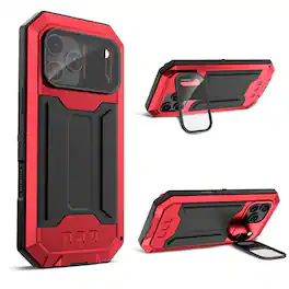 Dteck - Rugged Case for iPhone 17 Pro Max Flip Camera Kickstand Built-in Screen Protector Military Grade Protection Cover - Red
