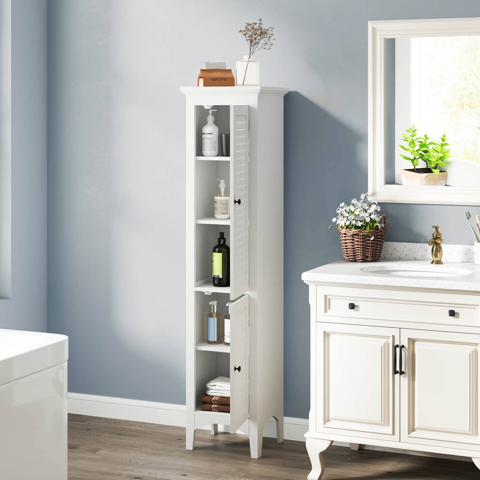Alt View 1. Costway - Costway Tall Bathroom Floor Cabinet Narrow Linen Tower with 2 Doors & Adjustable Shelf - White.