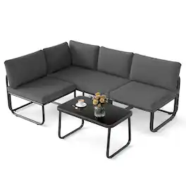 Gymax - Set of 4 Patio Furniture Set w/Cushions & Tempered Glass Coffee Table for Garden - Black