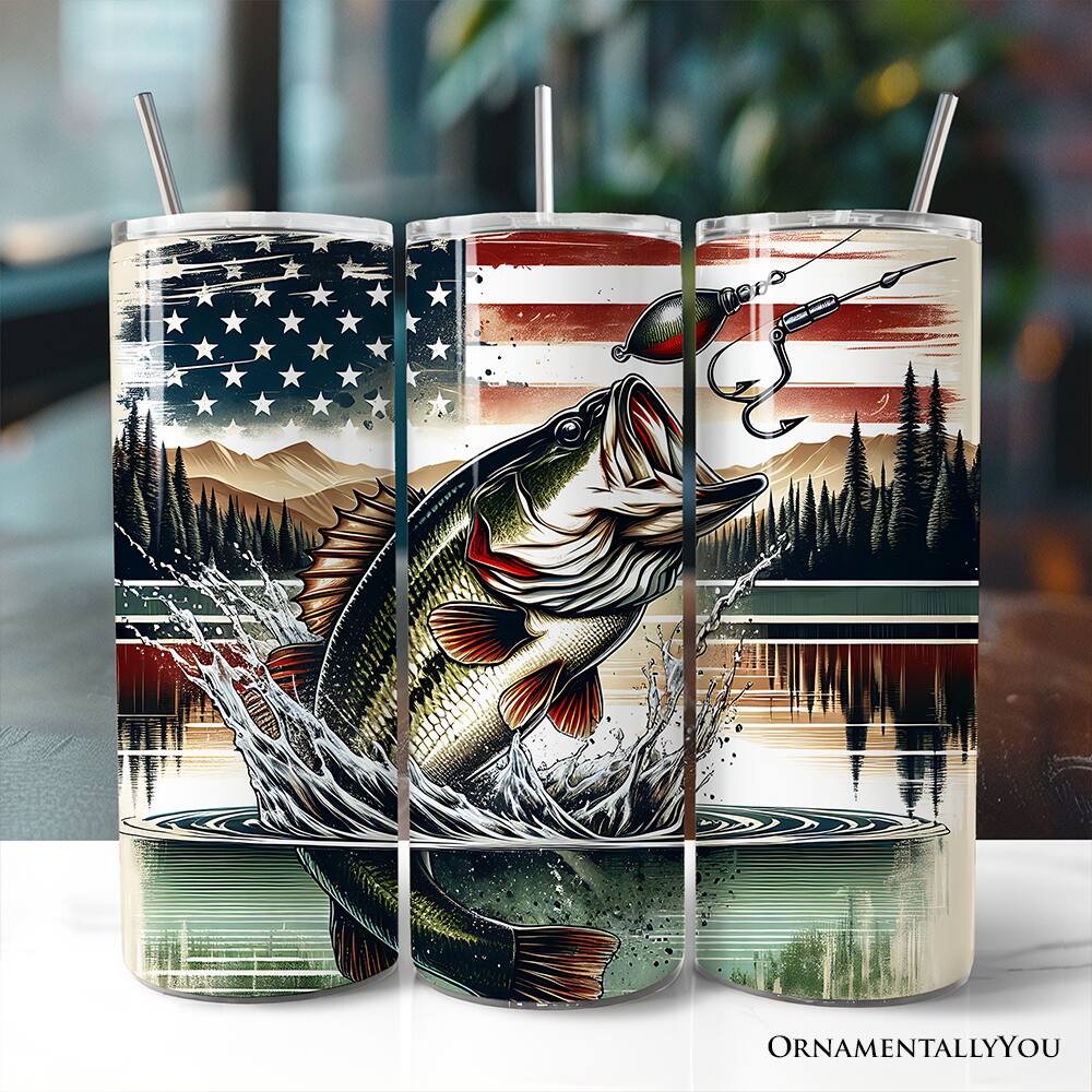 Back. OrnamentallyYou - Patriotic Bass Fishing 20ozTumbler With Stainless Steel Straw - Multicolored.