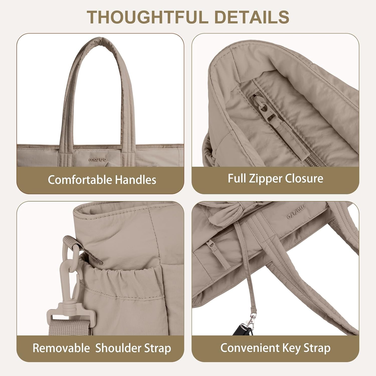 THOUGHTFUL DETAILS

Comfortable Handles

Full Zipper Closure

Removable Shoulder Strap

Convenient Key Strap
