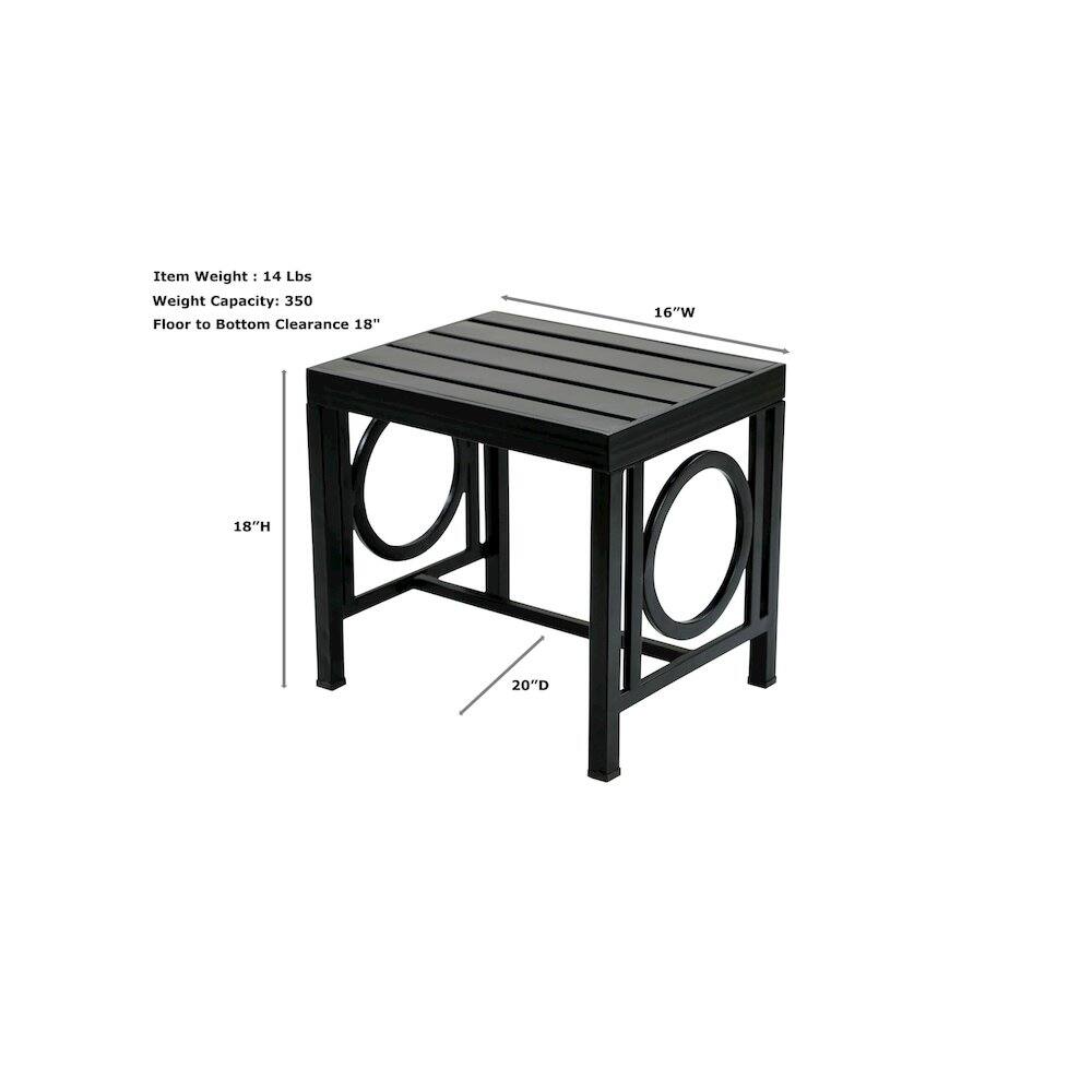 Item Weight: 14 Lbs  
Weight Capacity: 350  
Floor to Bottom Clearance: 18"  
16"W  
18"H  
20"D