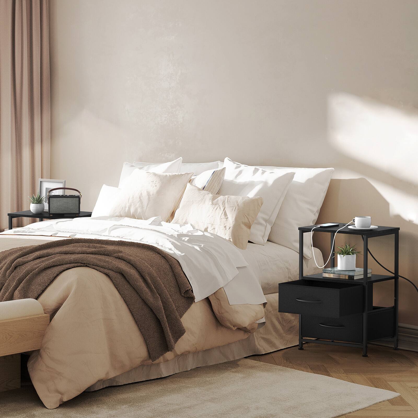 Alt View 1. Oumilen - Nightstand with 2 Fabric Drawers and Charging Station, Black - Black.