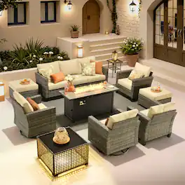 Ovios - 10 PCS Patio Furniture, Wicker Sofa with 54" Fire Pit Table, High Back Armchair with Coffee Table & Ottoman - Beige