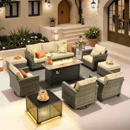 Front. Ovios - 10 PCS Patio Furniture, Wicker Sofa with 54" Fire Pit Table, High Back Armchair with Coffee Table & Ottoman - Beige.
