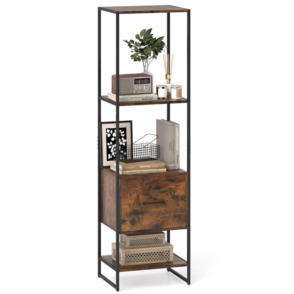Pefilos - 5-Tier Narrow Bookcase, Book Shelf with 4 Open Shelves and Storage Drawer, Rustic - Brown