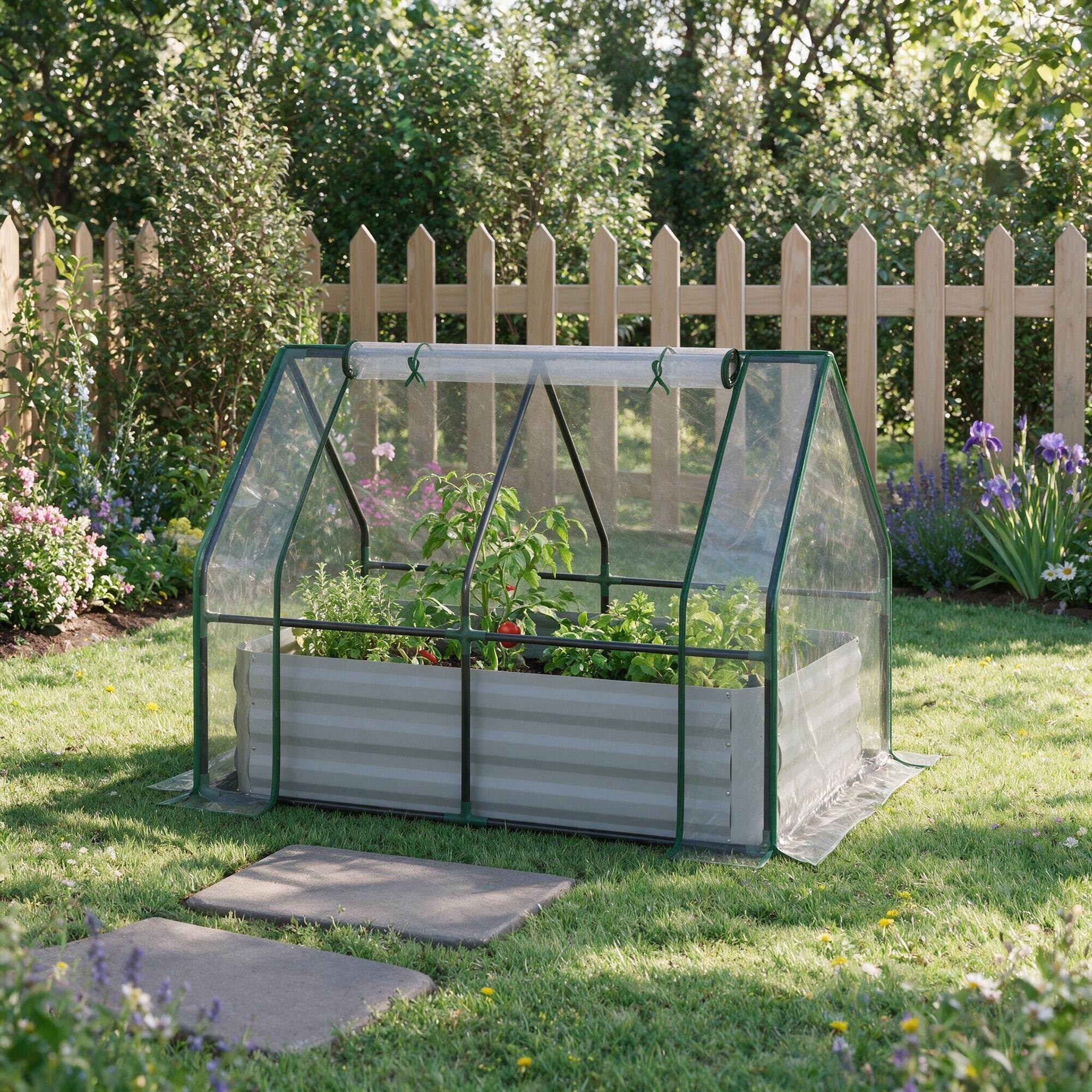 Alt View 2. RYHNUYNE - Outsunny 4' x 3' Galvanized Raised Garden Bed with PVC Greenhouse Cover, 2 Roll-Up Windows for Vegetables - Clear.