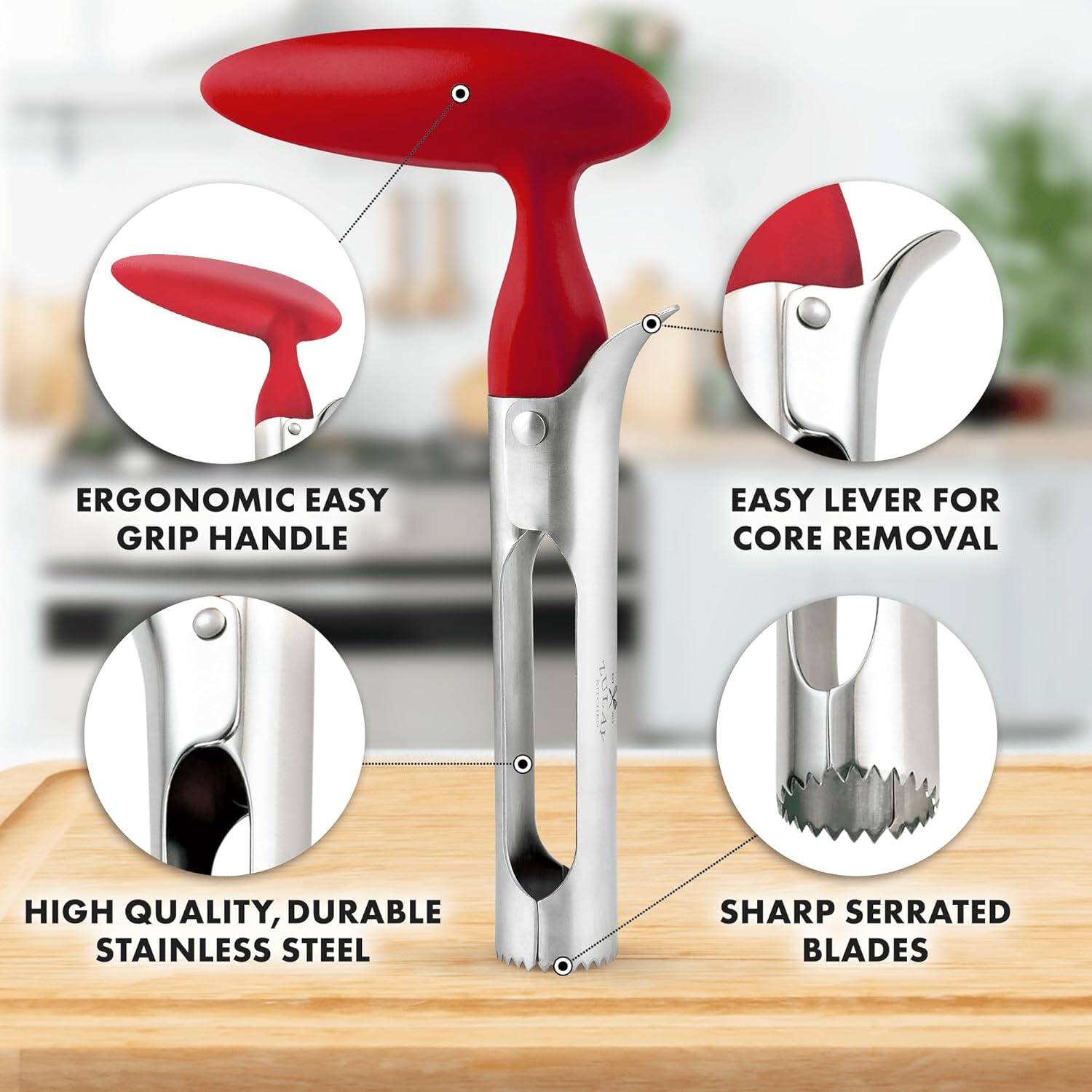 ERGONOMIC EASY GRIP HANDLE  
EASY LEVER FOR CORE REMOVAL  
HIGH QUALITY, DURABLE STAINLESS STEEL  
SHARP SERRATED BLADES