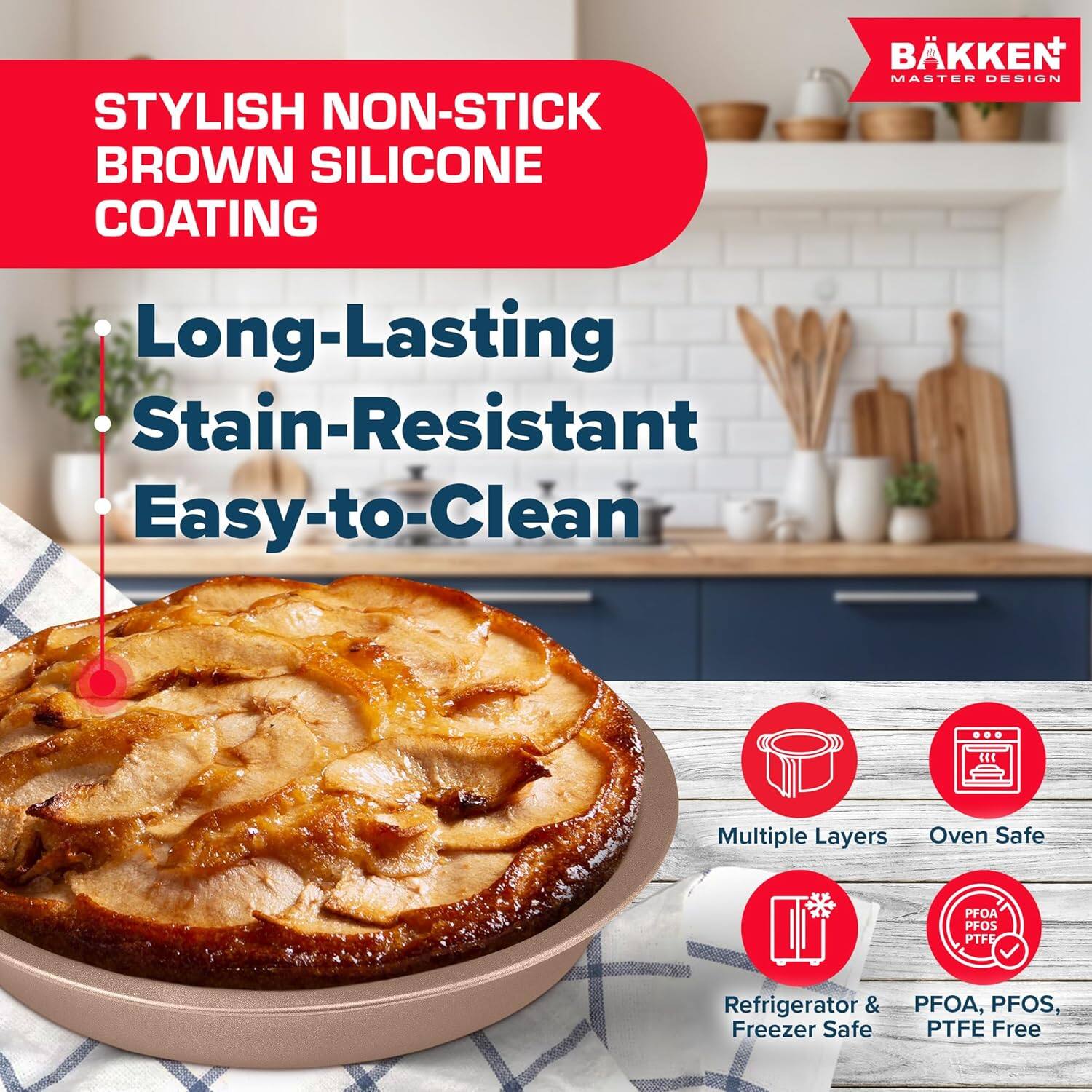 STYLISH NON-STICK BROWN SILICONE COATING BKKEN MASTER DESIGN Long-Lasting Stain-Resistant Easy-to-Clean Multiple Layers Oven Safe Refrigerator & Freezer Safe PFOA, PFOS, PTFE Free
