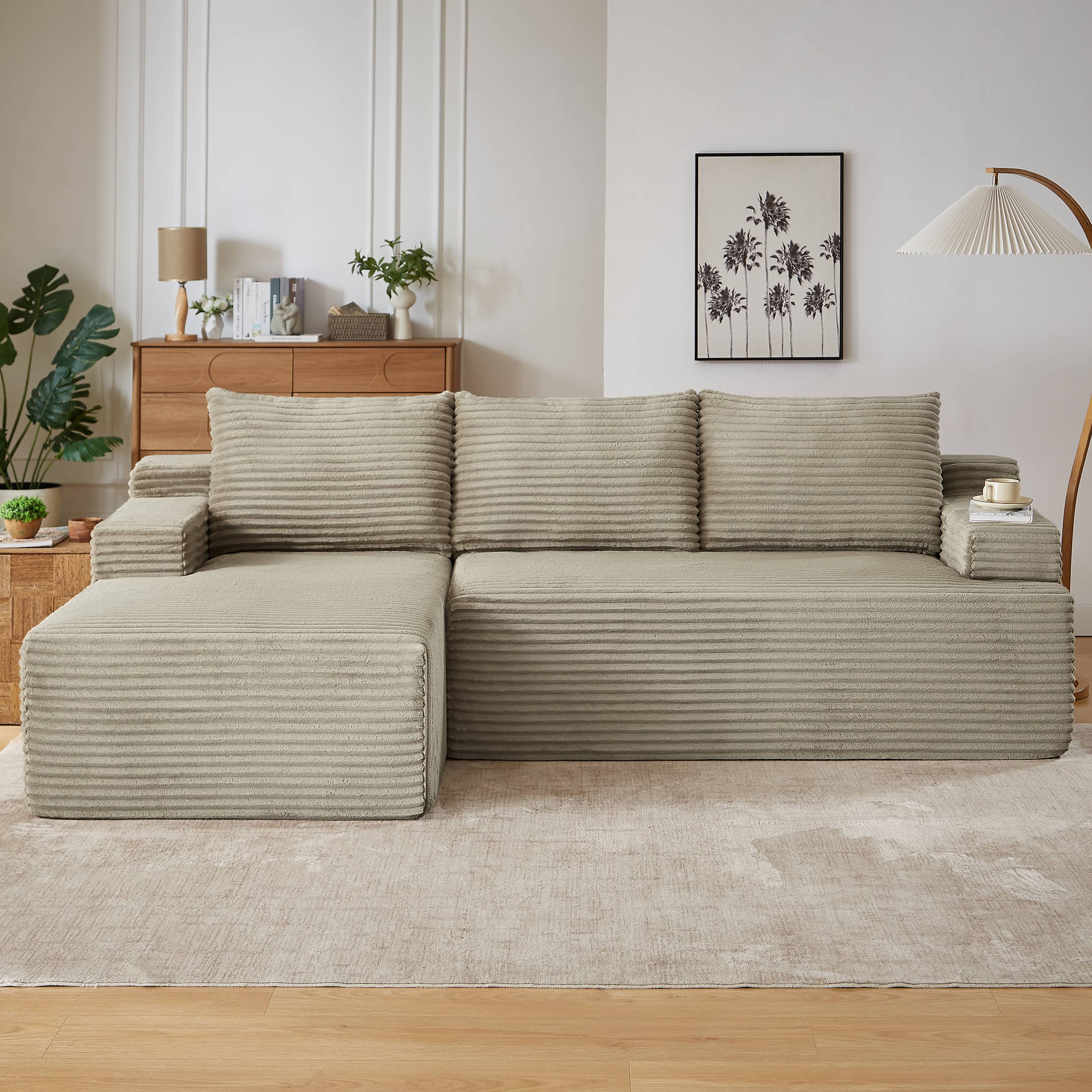 Angle. Anysun - Anysun L-Shaped Left-Facing Modular Classic Corduroy Fabric Striped Sectional Sofa with Deep Seat - Camel.