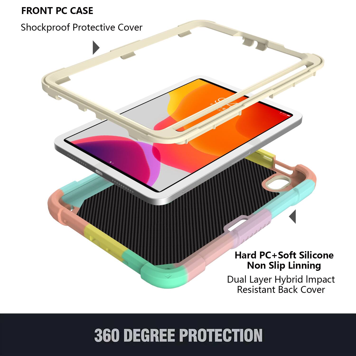 FRONT PC CASE  
Shockproof Protective Cover  

Hard PC+Soft Silicone Non Slip Lining  
Dual Layer Hybrid Impact Resistant Back Cover  

360 DEGREE PROTECTION