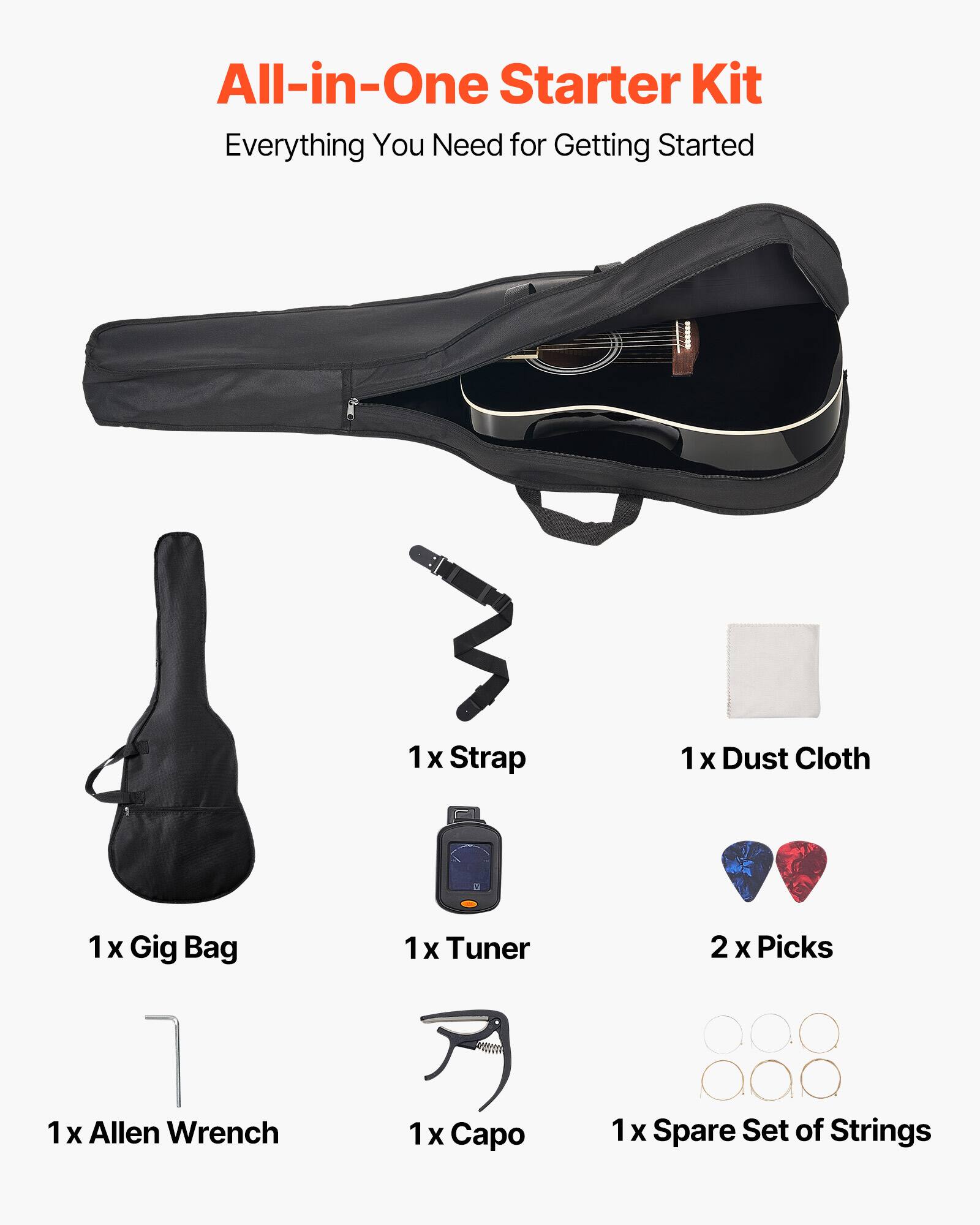 All-in-One Starter Kit
Everything You Need for Getting Started
1 x Gig Bag
1 x Strap
1 x Dust Cloth
1 x Tuner
2 x Picks
1 x Allen Wrench
1 x Capo
1 x Spare Set of Strings