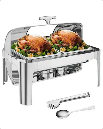 Front. GARVEE - 9QT Rectangle Roll Top Chafing Dish Buffet Set,Stainless Steel Catering Food Warmer Comes with 2 Half Size Pans - Silver.