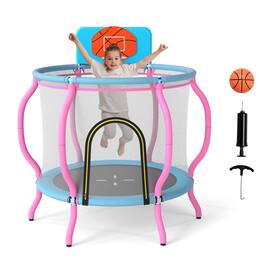Gymax - 48'' Kids Trampoline Indoor & Outdoor Pumpkin Trampoline w/Basketball Hoop - Pink