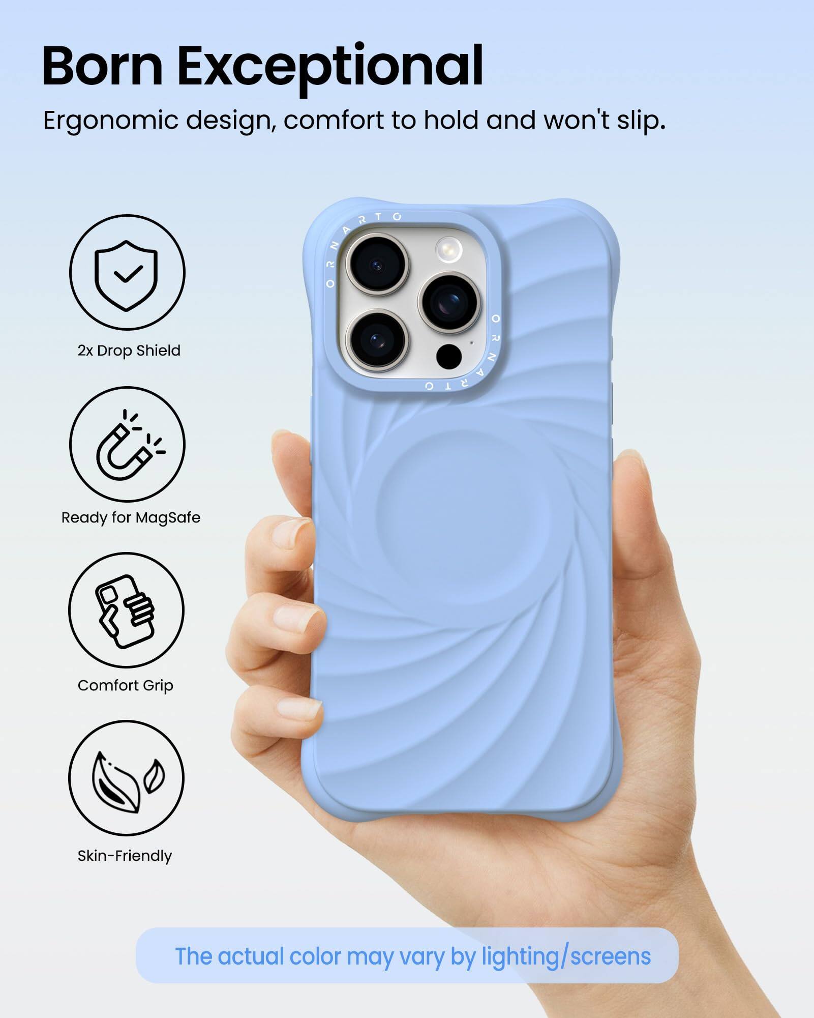 Born Exceptional  
Ergonomic design, comfort to hold and won't slip.  

2x Drop Shield  
Ready for MagSafe  
Comfort Grip  
Skin-Friendly  

The actual color may vary by lighting/screens